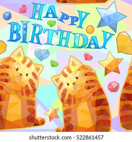 Polygonal cute cartoon cat seamless pattern, colorful funny vector background, happy birthday sign