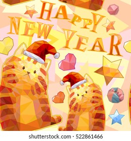 Polygonal cute cartoon cat seamless pattern, colorful funny vector background, happy new year sign