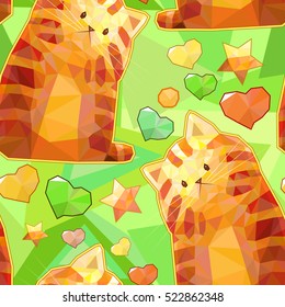 Polygonal cute cartoon cat seamless pattern, colorful funny vector background