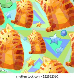 Polygonal cute cartoon cat seamless pattern, colorful funny vector background