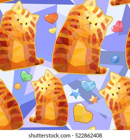 Polygonal cute cartoon cat seamless pattern, colorful funny vector background