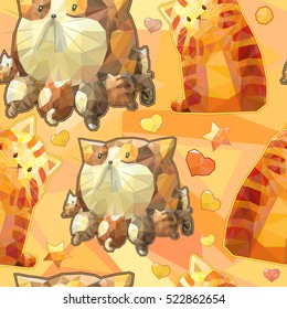 Polygonal cute cartoon cat seamless pattern, colorful funny vector background