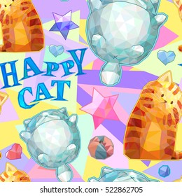 Polygonal cute cartoon cat seamless pattern, colorful funny vector background, happy cat sign