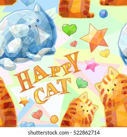 Polygonal cute cartoon cat seamless pattern, colorful funny vector background, happy cat sign