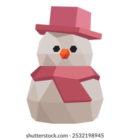 Polygonal cute snowman with black eyes and red nose. 3d Vector illustration snowman in red hat. For Christmas sticker, print, new year card, applique.