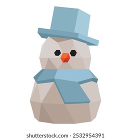 Polygonal cute snowman with black eyes and red nose. 3d Vector illustration snowman in blue hat. For Christmas sticker, print, new year card, applique.