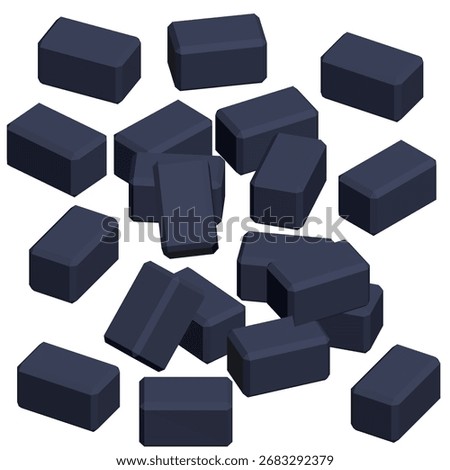 Polygonal dark blue bricks arranged in a neat pile on a clean white background. This set of geometric building blocks creates a modern and minimalist aesthetic.