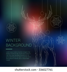 Polygonal dashed lines illustration. Abstract vector Christmas and New Year Deer and template text. Poster, card, invitation, wallpaper, winter background.