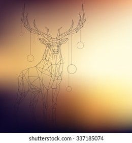 Polygonal dashed lines illustration. Abstract vector Winter Christmas and New Year Deer and template text. Poster, card, invitation, wallpaper.
