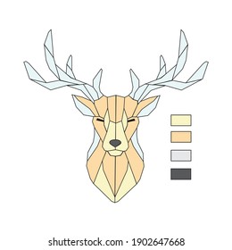 Polygonal deer head. Linear and polygonal deer, print art, abstraction, nature. Geometric low poly deer line on white background with used color palettes.