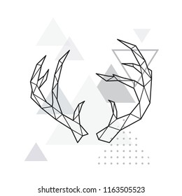 Polygonal Deer horns on minimalist triangle background. Geometric poster. Vector design template.