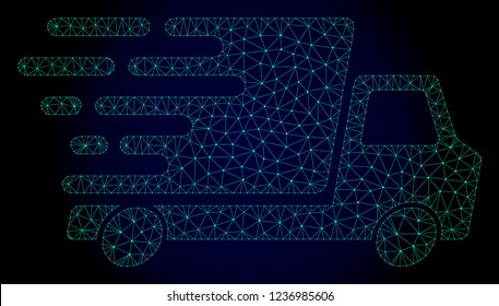Polygonal delivery car illustration with fast motion effect. Abstract mesh lines, triangles and points on dark background with delivery car designed for modern abstract with symbols of speed, rush,