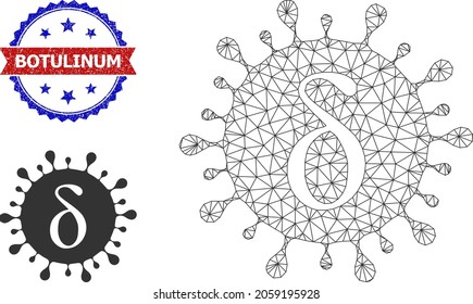 Polygonal Delta covid virus framework illustration, and bicolor scratched Botulinum seal. Polygonal wireframe illustration is designed with Delta covid virus icon.