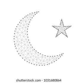 Polygonal design gold half moon and star with line and point, isolated on blue sky background. Low poly design, crescent moon. Thin line dot wireframe polygon concept.