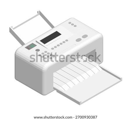 Polygonal desktop printer on a white surface with paper emerging from the output tray. The animated design creates a dynamic and modern technological aesthetic. Isometric view