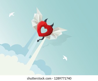 Polygonal devilish heart with wings in the sky. Low poly heart among the clouds, low poly valentine's sign