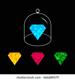 Polygonal diamond set. Pink, blue, yellow, green. Glass bell cover cap. Half sphere lid dome with handle. Black background. Vector illustration.