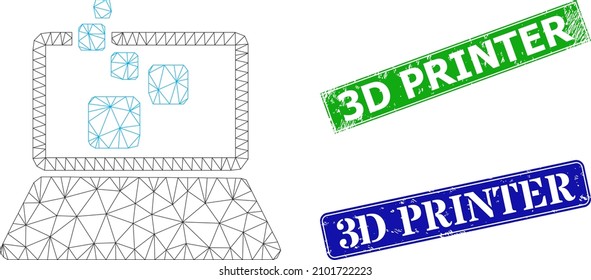 Polygonal digital computing image, and 3D Printer blue and green rectangle dirty seal imitations. Polygonal carcass symbol is based on digital computing icon.