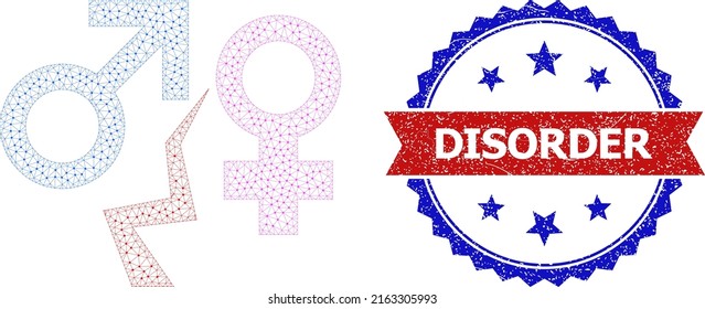 Polygonal divorce frame icon, and bicolor rubber Disorder seal. Polygonal wireframe illustration is designed with divorce icon. Vector watermark with Disorder text inside red ribbon and blue rosette,