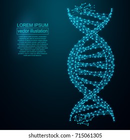 Polygonal DNA abstract image, isolated on black background. Vector closeup of concept human genome illustration. Low poly wireframe, geometry triangle, lines, dots, polygons, shapes