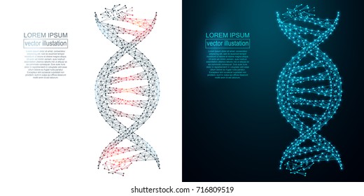 Polygonal DNA abstract image. Vector closeup of concept human genome illustration. Low poly wireframe, geometry triangle, lines, dots, polygons, shapes