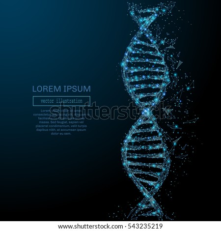 Polygonal DNA concept. Vector mesh spheres from flying debris. Thin line concept. Blue structure style illustration