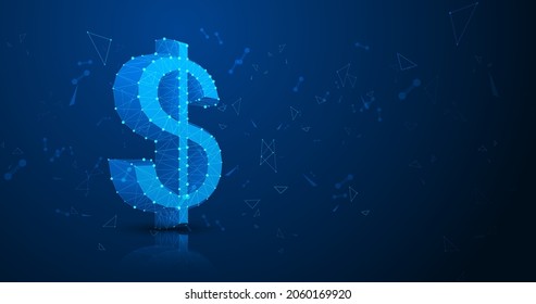 Polygonal Dollar icon isolated on blue background. Vector Low poly wireframe, geometry triangle, lines, dots, polygons, shapes. Vector illustration.