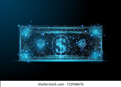 Polygonal dollar note isolated on dark background. Business and finance concept. Low poly vector illustration of a starry sky or Comos. Digital cash images consists of lines, dots and destruct shapes.