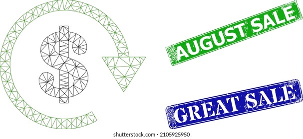 Polygonal dollar repay image, and August Sale blue and green rectangular textured seal prints. Polygonal carcass image is created from dollar repay icon.
