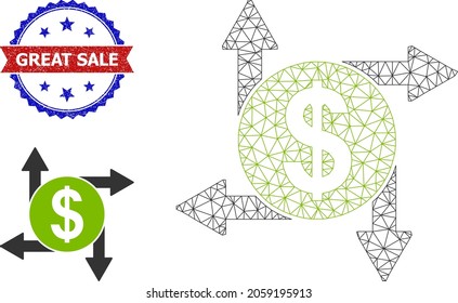 Polygonal dollar transactions wireframe illustration, and bicolor scratched Great Sale watermark. Mesh wireframe symbol is designed with dollar transactions icon.