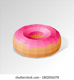 polygonal donut with pink glaze in an isometric projection
