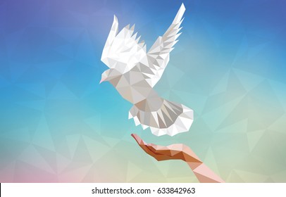 Polygonal dove with human hand flying in blue sky. Symbol of peace. Vector illustration.