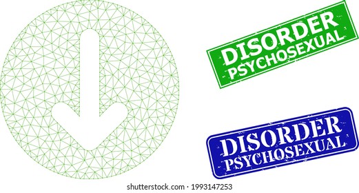 Polygonal down direction image, and Disorder Psychosexual blue and green rectangular grunge stamp seals. Polygonal wireframe image is created from down direction pictogram.