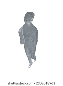 Polygonal drawing of fashionable young woman walking with folder with documents in hand. Vector of girl walk. Drawing Illustration of Young Woman. isolated, sketch, contour girl, woman walking. 3D..