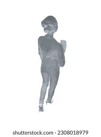 Polygonal drawing of fashionable young woman walking with folder with documents in hand. Vector of girl walk. Drawing Illustration of Young Woman. isolated, sketch, contour girl, woman walking. 3D..