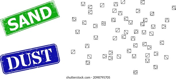 Polygonal Dust Particles Model, And Sand Blue And Green Rectangle Grunge Seals. Polygonal Carcass Symbol Based On Dust Particles Icon. Seals Contain Sand Text Inside Rectangular Form.