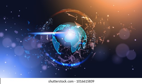 Polygonal Earth Globe On Bokeh Background Low Poly Geometrical World Map Glowing Vector Illustration