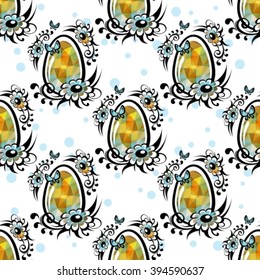 Polygonal Easter eggs with flowers and butterflies. Seamless background.
