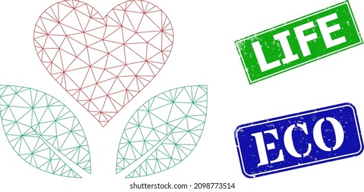 Modelo de vida ecológica poligonal y marcas de agua sucias rectangulares de color azul y verde. La ilustración del alambre poligonal se crea a partir del pictograma de vida ecológica. Los sellos de sello tienen la etiqueta Life dentro de forma rectangular.
