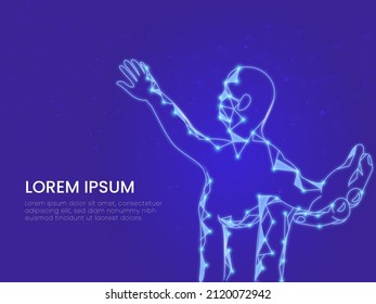Polygonal Effect Human Body Opening Arms On Blue Background.