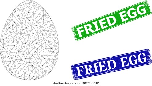 Polygonal egg image, and Fried Egg blue and green rectangular unclean watermarks. Polygonal wireframe symbol is designed with egg icon. Stamps include Fried Egg title inside rectangular shape.