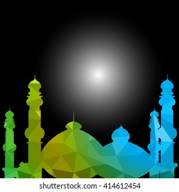 Polygonal of Eid ka Chand Mubarak (Wish you a Happy Eid Moon) with mosque.