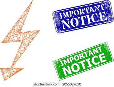 Polygonal electric arrow model, and Important Notice blue and green rectangle scratched stamp seals. Polygonal wireframe image designed with electric arrow icon.