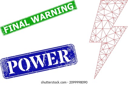 Polygonal electric power image, and Final Warning blue and green rectangular unclean seals. Polygonal wireframe image is based on electric power icon.