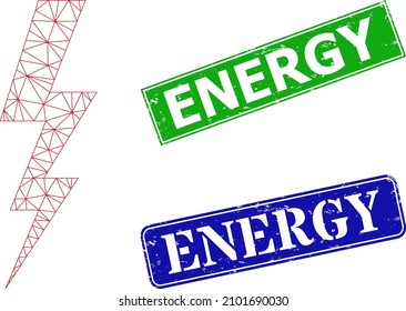 Polygonal electrical energy model, and Energy blue and green rectangular scratched stamp seals. Mesh carcass symbol is designed with electrical energy icon.