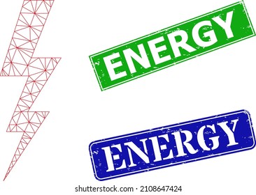 Polygonal electrical energy model, and Energy blue and green rectangular scratched stamp seals. Mesh carcass symbol is designed with electrical energy icon.