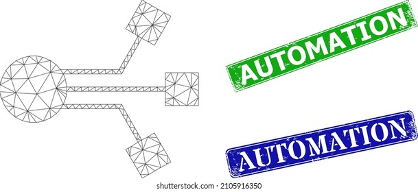 Polygonal electronic component image, and Automation blue and green rectangle unclean seals. Polygonal carcass symbol is designed with electronic component pictogram.