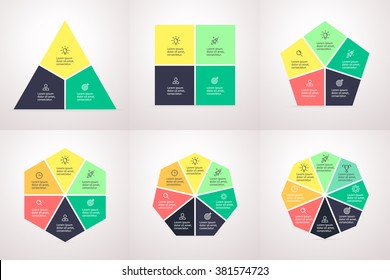 Polygonal elements for infographics. Polygons with sharp corners. Triangle, square, pentagon, hexagon, heptagon, octagon. Chart, graph, diagram with 3, 4, 5, 6, 7, 8 steps, options, parts, processes.