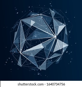 Polygonal elements vector abstract background, low poly 3D object, connected lines in perspective fractal design element, mesh lattice net technology theme.