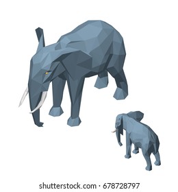 Polygonal elephant. Isolated on white background.3D Vector illustration. Isometric view.
